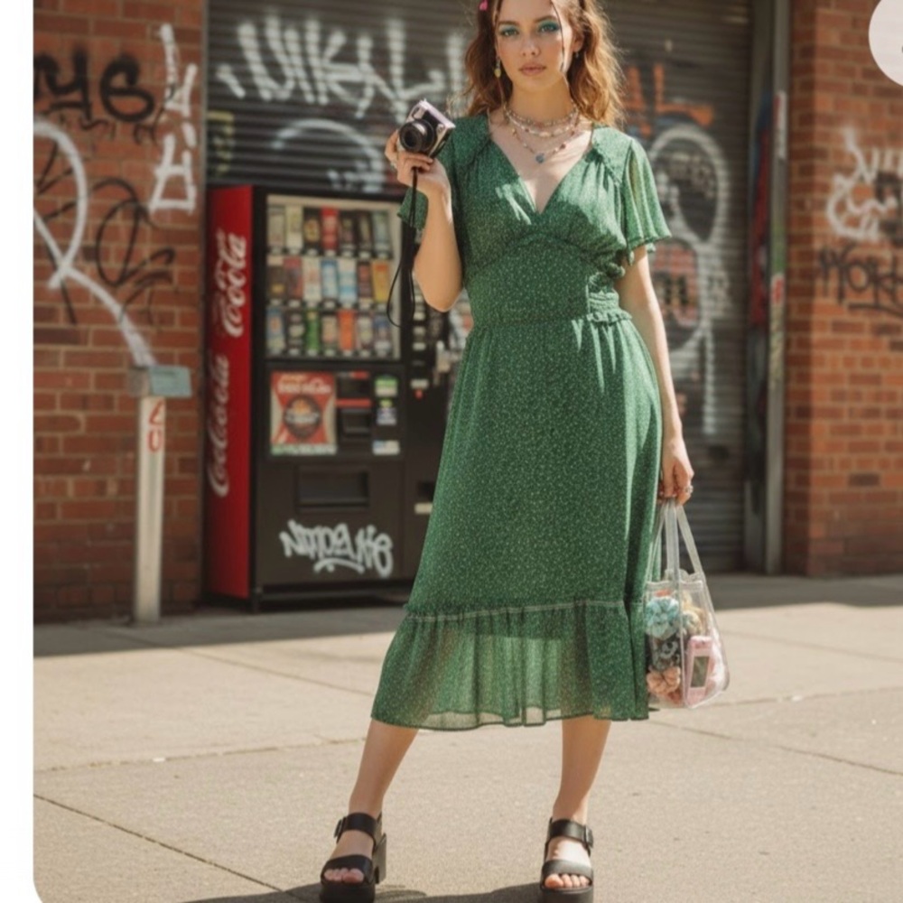 Y2K Green Dainty Floral Midi Dress Babydoll Coquette Romantic Fairy Max Studio L